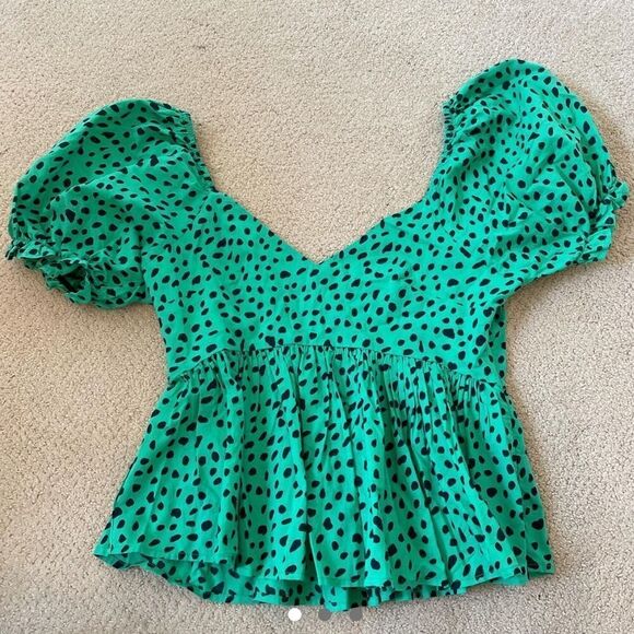 Urban Outfitters Green and Black Polka Dot Puff Sleeve Blouse - Picture 1 of 3